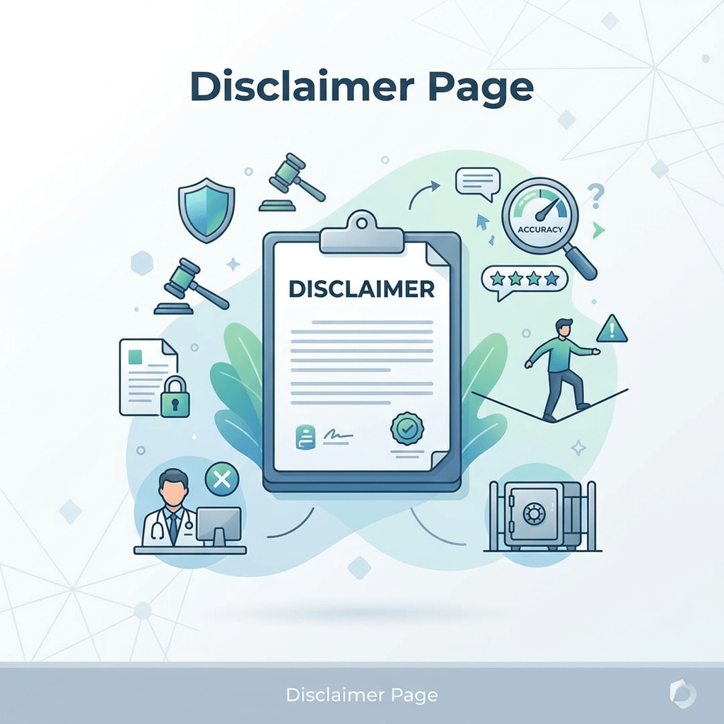 Illustration titled Disclaimer Page with clipboard, legal scales, accuracy gauge, and safety symbols